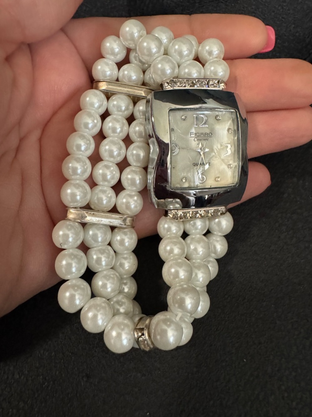 Figaro Pearl Strap Women's Watch in White and Silver